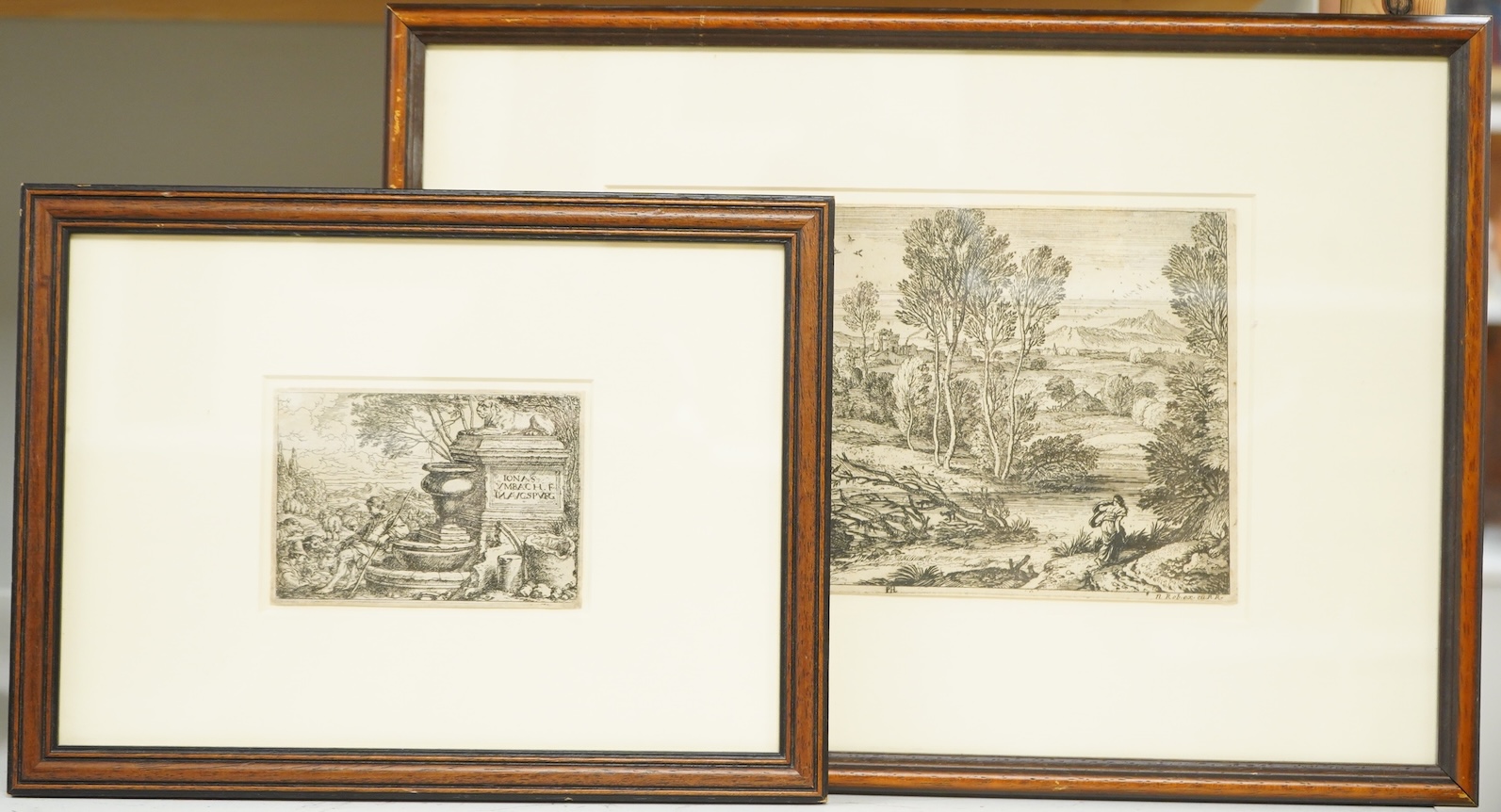 After Jonas Umbach the elder (German, 1624–1693), ‘Italian Landscape with Ruins’, etching and after Adriaen van der Cabel (Dutch, 1631-1705), Landscape with woman Walking Along the River’, etching, largest 15 x 23cm